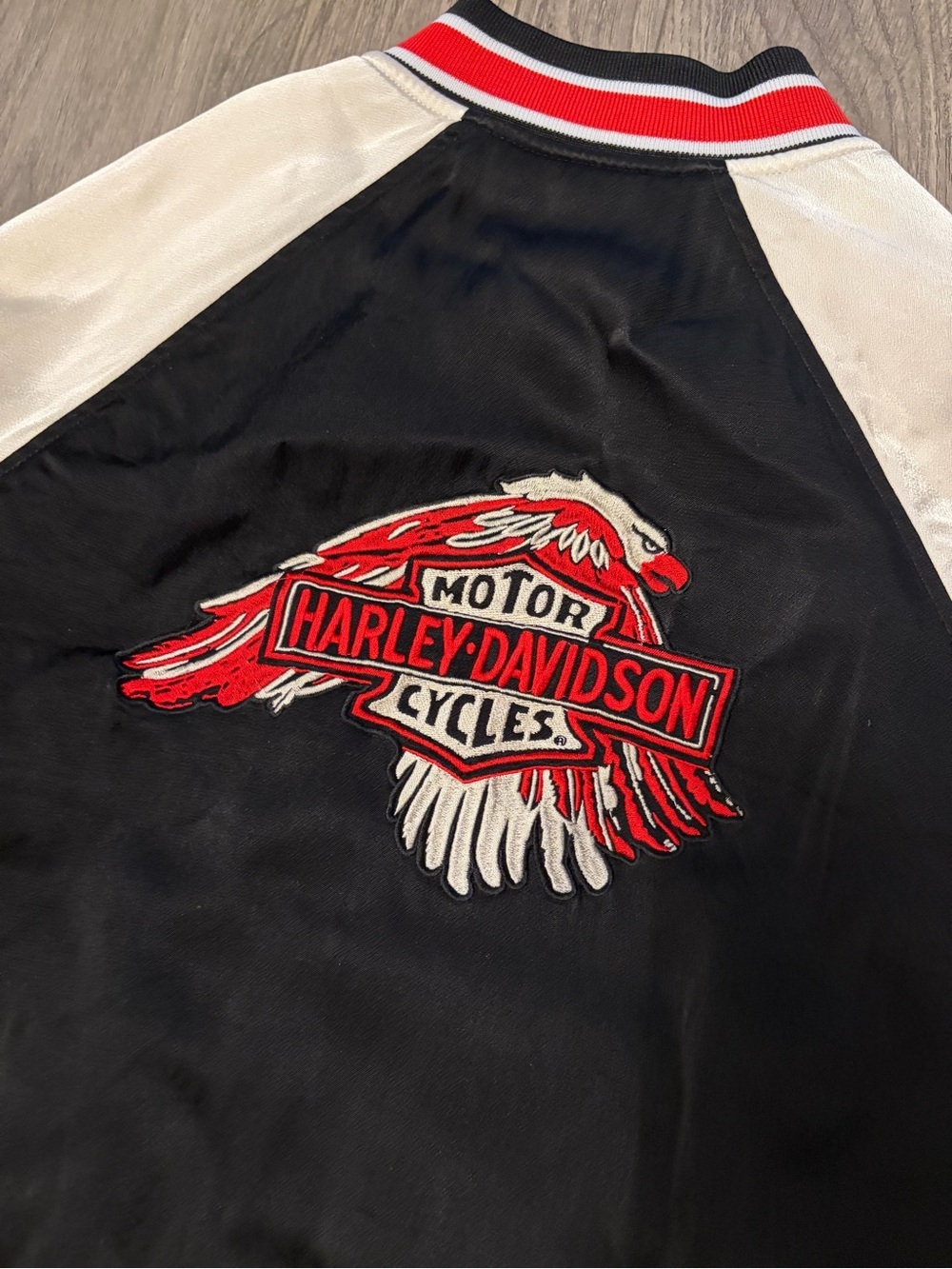 Harley-Davidson Black and Cream Varsity Bomber Jacket with Red Trim image 4